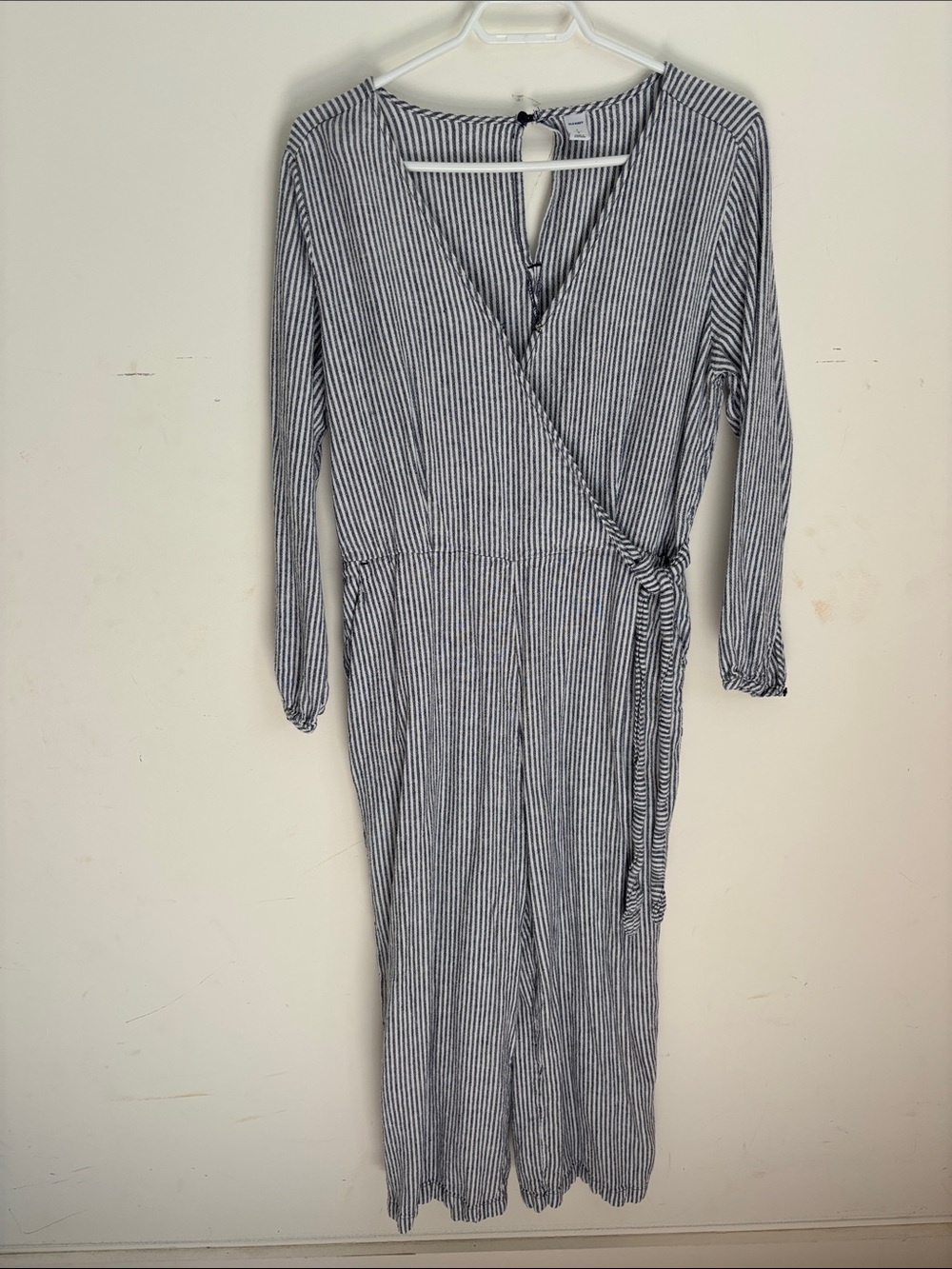 Linen Navy & White Striped Long-Sleeve Wrap  jumpsuit